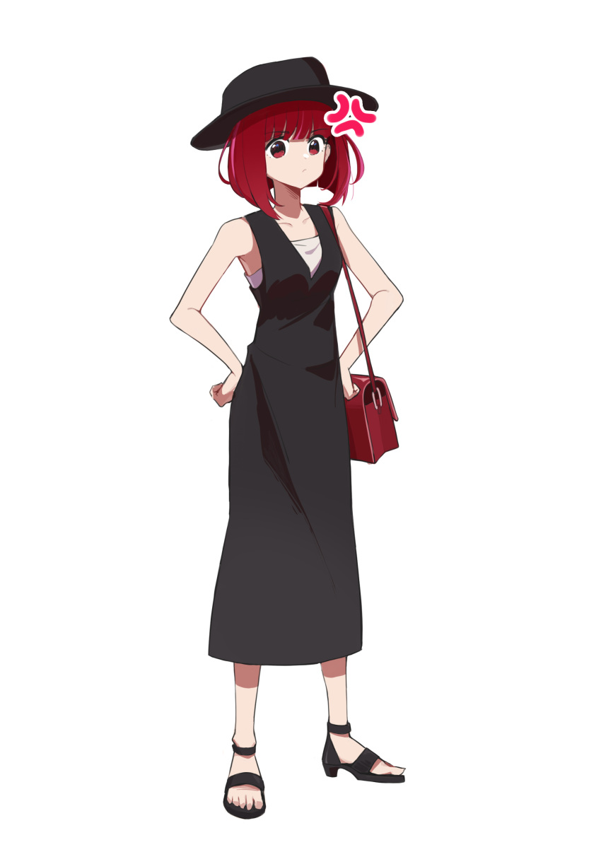 1girl absurdres anger_vein arima_kana bag black_dress black_footwear black_headwear bob_cut closed_mouth collarbone commentary dress full_body hands_on_own_hips hat highres inverted_bob ki26 looking_at_viewer medium_hair no_pupils oshi_no_ko red_eyes red_hair sandals shoulder_bag simple_background sleeveless sleeveless_dress solo standing white_background