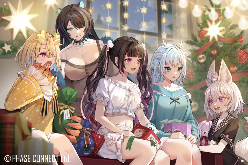 5girls animal_ear_fluff animal_on_head bauble black_hair blonde_hair blue_hair blurry blurry_foreground bow box breasts christmas_tree claws cleavage collarbone colored_inner_hair copyright couch crop_top dragon_claw dragon_girl dragon_horns erina_makina fox_girl fox_tail frilled_shirt frills gift gift_box green_ribbon hair_between_eyes hair_ornament hair_over_one_eye hakushika_iori himemiya_rie holding holding_gift horns moguta_(moguta9) multicolored_hair multiple_girls on_couch on_head one_eye_closed open_mouth phase_connect pink_eyes pink_hair pom_pom_(clothes) pom_pom_hair_ornament purple_eyes ribbon shirt short_hair shorts sitting star-shaped_pupils star_(symbol) star_print streaked_hair stuffed_animal stuffed_toy symbol-shaped_pupils tail teddy_bear tenma_maemi twintails utatane_nasa white_bow white_shirt white_shorts window wreath yawning