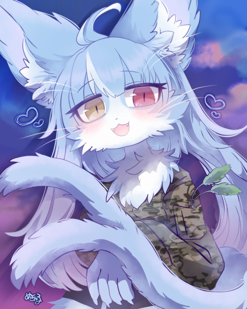 &lt;3 2023 ahoge anthro bifurcated_tail blue_body blue_fur blue_hair blush camo camo_clothing camo_print claws clothing countershading cute_fangs digital_media_(artwork) domestic_cat felid feline felis finger_claws fingers fluffy fur girly hair half-length_portrait happy heterochromia hi_res jacket japan_air_self-defense_force kemono long_hair looking_at_viewer male male_anthro mammal mekkyaru multicolored_body multicolored_fur neck_tuft omaneko_(jasdf) open_mouth pattern_clothing portrait pupils red_eyes slit_pupils solo tail topwear tuft two_tone_body two_tone_fur whiskers white_body white_fur yellow_eyes