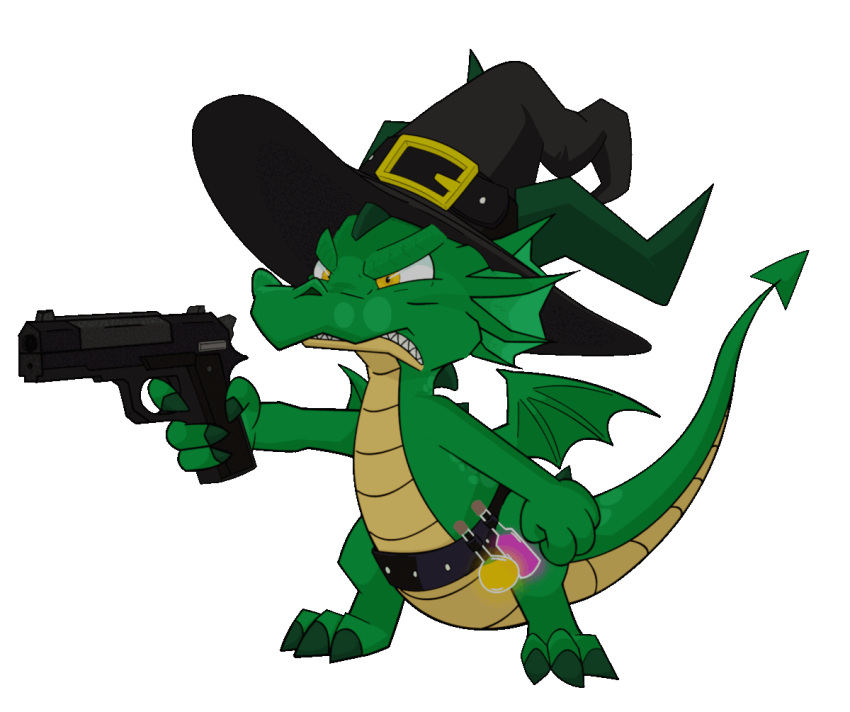 aiming aiming_weapon angry animated anthro belly belt big_pupils clothing constricted_pupils dilated_pupils dragon green_body green_scales growling gun handgun hat headgear headwear henry_(henrycharizardboi) henrycharizardboi humor lizard magic_user male pistol potion potion_bottle pupils ranged_weapon reptile scales scalie sharp_teeth small_pupils solo teeth weapon western_dragon wide_brim_hat wide_brimmed_hat witch witch_hat yellow_belly yellow_eyes