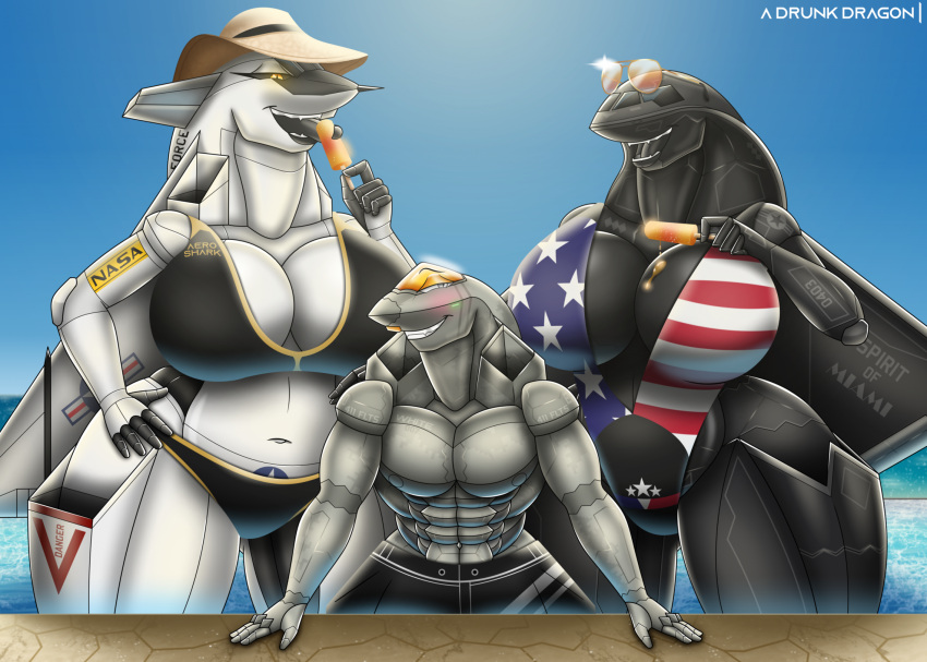 a_drunk_dragon abs aircraft airplane american_flag_bikini anthro b-2_spirit big_female bikini blush bomber breasts clothing eyewear f-22 f-22_raptor female food hat headgear headwear hi_res jet living_aircraft living_machine living_vehicle machine male miami_(renthedragon) muscular muscular_male pandora_kennedy_(adrunkdragon) popsicle size_difference smaller_male stars_and_stripes sunglasses swimming_pool swimwear united_states_of_america vehicle xb-70 xb-70_valkyrie_(prototype_bomber)