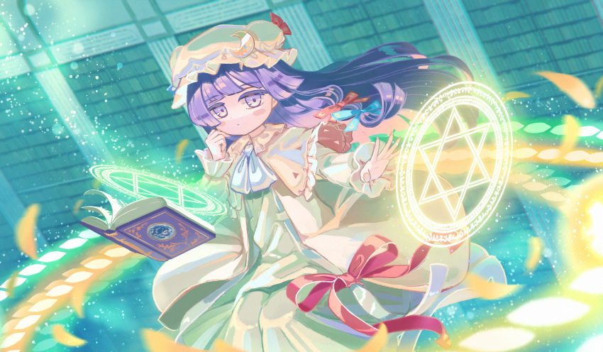 1girl absurdres blue_ribbon book closed_mouth crescent crescent_hat_ornament danmaku dress hair_ribbon hat hat_ornament hexagram highres lapi_(63031195) long_hair long_sleeves magic_circle mob_cap open_book patchouli_knowledge purple_eyes purple_hair red_ribbon ribbon solo touhou white_dress white_headwear