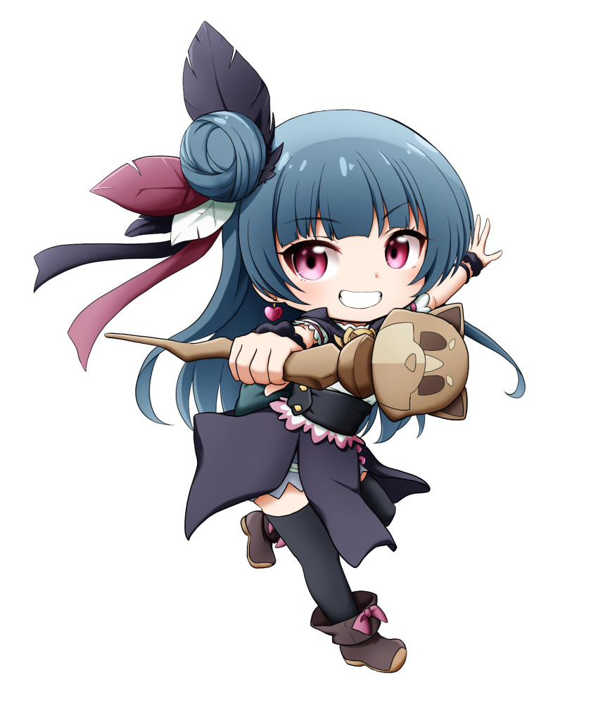 1girl black_feathers black_scrunchie black_skirt black_thighhighs blue_hair boots brown_footwear chibi earrings feathers from_side full_body genjitsu_no_yohane grin hair_bun heart heart_earrings highres holding holding_staff jewelry kuena long_hair looking_at_viewer looking_to_the_side love_live! love_live!_sunshine!! outstretched_arm purple_eyes red_feathers scrunchie shirt short_sleeves simple_background single_side_bun skirt smile solo staff standing standing_on_one_leg thighhighs thighhighs_under_boots tsushima_yoshiko very_long_hair white_background white_feathers white_shirt wrist_scrunchie