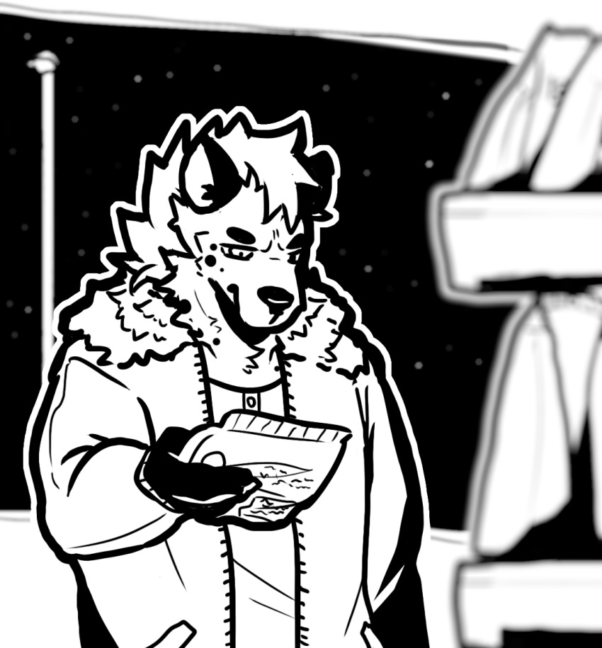 anthro building cheek_tuft chips_(food) clothed clothing coat digital_media_(artwork) eyebrows facial_tuft fingers food fur gas_station hair holding_food holding_object hyena jacket looking_at_object male mammal mane mane_hair markings monochrome night sartics shelf sky solo spots spotted_body spotted_fur spotted_hyena standing star starry_sky topwear tuft