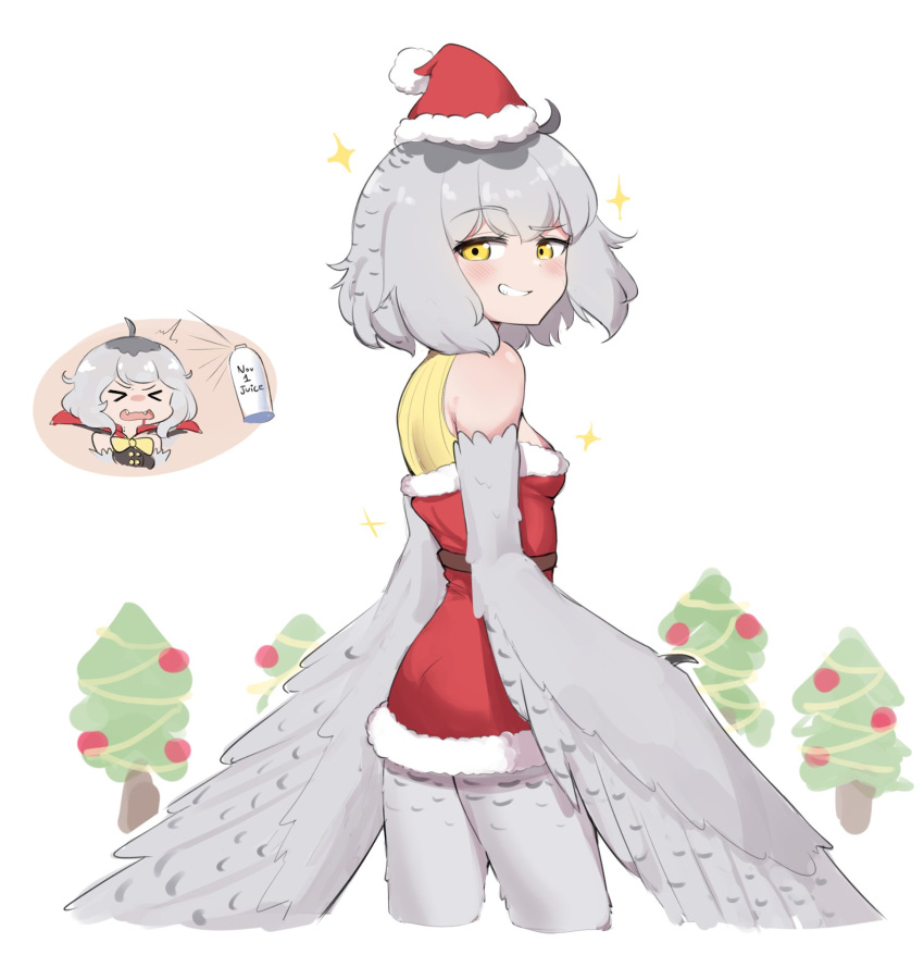 1girl bird_legs blush claws dress feathered_wings feathers grey_feathers grey_wings harpy hat highres looking_at_viewer mono_(sifserf) monster_girl original owl_girl santa_costume santa_dress santa_hat short_hair sifserf simple_background smile solo sparkle talons winged_arms wings yellow_eyes