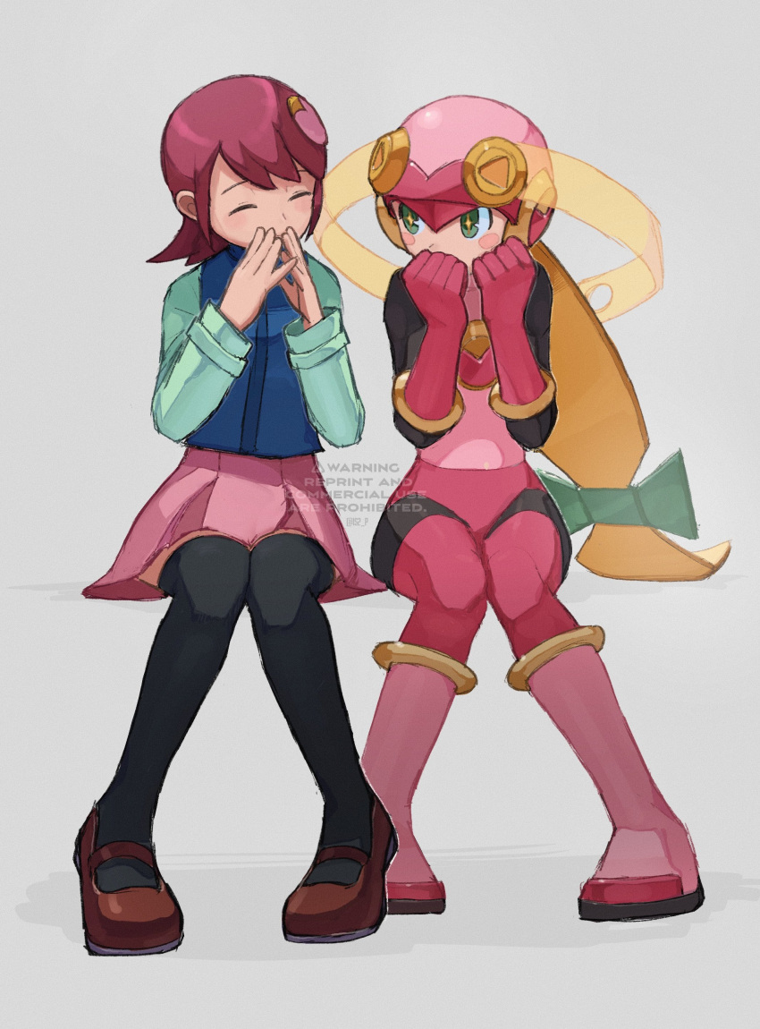 2girls absurdres black_thighhighs blush brown_footwear closed_eyes green_eyes hair_ornament hands_on_own_face helmet highres mayl_sakurai_(mega_man) mega_man_(series) mega_man_battle_network_(series) multiple_girls pink_armor pink_skirt red_hair roll.exe_(mega_man) short_hair simple_background skirt tanaka_(is2_p) thighhighs