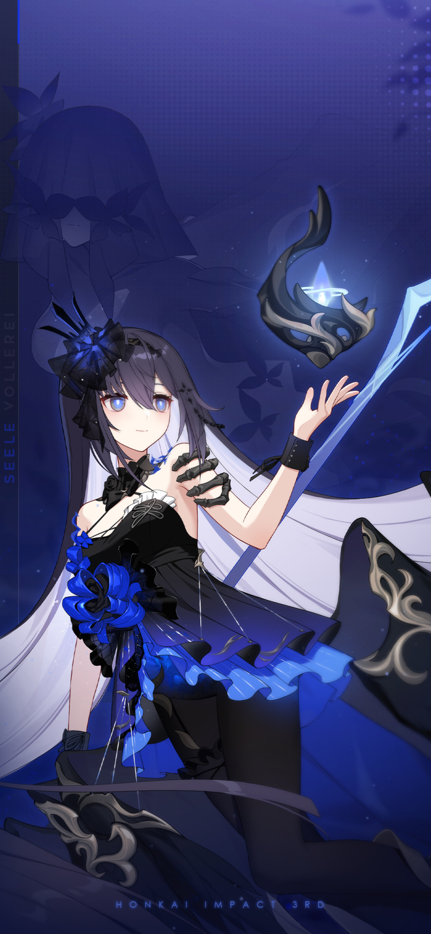 bare_shoulders black_bracelet black_dress black_footwear black_hair black_headwear blue_background blue_theme character_name chinese_commentary closed_mouth colored_inner_hair dress flora_(honkai_impact) hair_between_eyes highres holding holding_scythe honkai_(series) honkai_impact_3rd long_hair multicolored_hair official_alternate_costume official_art official_wallpaper open_hand orb scythe seele_vollerei seele_vollerei_(herrscher_of_rebirth) smile very_long_hair weapon