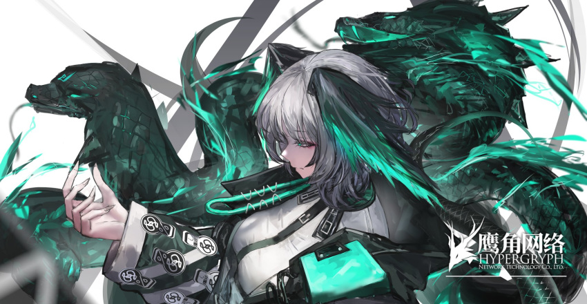 1girl aqua_eyes aqua_sclera aqua_wings arknights between_breasts breasts coat colored_sclera dress fangs feathered_wings fingernails forked_tongue grey_hair hair_between_eyes head_wings highres ho'olheyak_(arknights) large_breasts lewdlily66 long_sleeves looking_down open_clothes open_coat scales sharp_fingernails short_dress short_hair sidelocks snake snake_tail solo strap_between_breasts tail tongue upper_body white_background white_dress wings