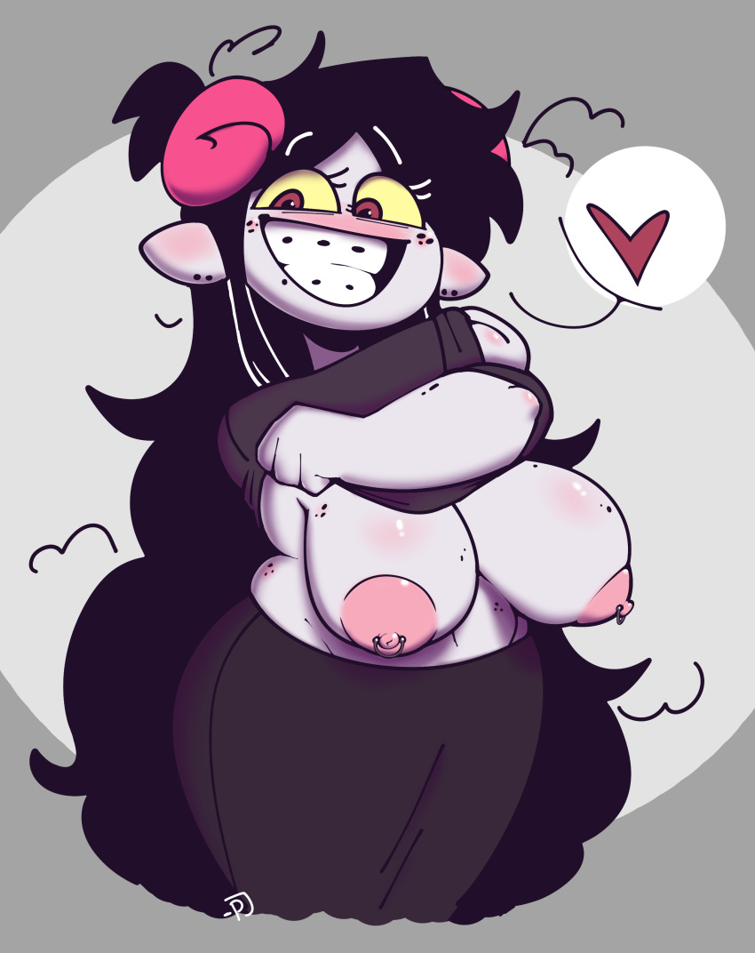 1girl absurdres aradia_megido black_hair braces breasts clothes_lift colored_skin ear_piercing flashing freckles grey_background grey_skin heart highres homestuck horns large_breasts long_hair nipple_piercing nipples piercing plump pointy_ears red_eyes shirt_lift smile solo speech_bubble spoken_heart troll
