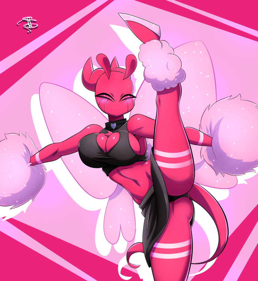 &lt;3 antennae_(anatomy) anthro arthropod athletic athletic_female big_breasts black_clothing black_underwear blush bottomwear bra breasts butt cheerleader cleavage cleavage_cutout clothed clothing demon digital_media_(artwork) female footwear fur heart_cutout hi_res high_heels insect juliusmz63 lepidopteran minus_sakuroma_(retrospecter) moth navel panties pom_poms pose raised_bottomwear raised_clothing raised_leg raised_skirt skirt solo tail underwear wings