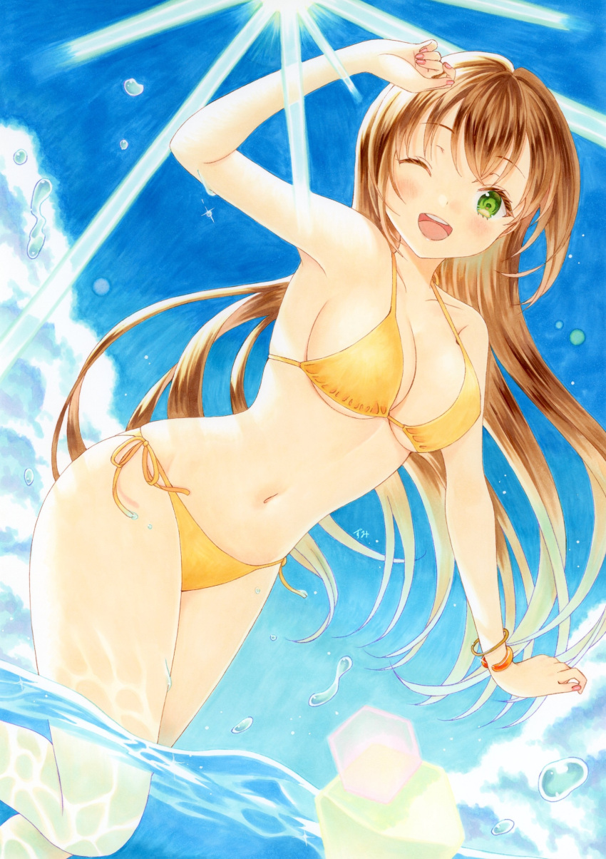 1girl absurdres arm_up artist_name bikini blue_sky breasts brown_hair cloud cloudy_sky commentary day dutch_angle green_eyes halterneck highres lens_flare long_hair looking_at_viewer marker_(medium) medium_breasts navel one_eye_closed open_mouth original osumi_izumi outdoors side-tie_bikini_bottom signature sky smile solo standing sunlight swimsuit traditional_media wading water yellow_bikini