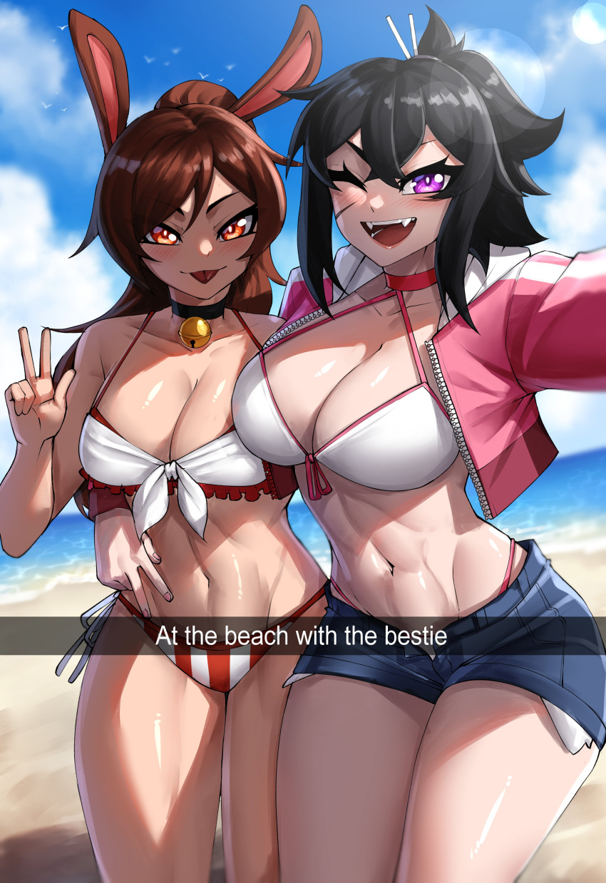 2girls :p ;d absurdres animal_ears bare_shoulders beach bell bikini black_choker black_hair blue_sky breasts brown_hair choker cleavage cloud commentary cowboy_shot cropped_jacket day denim denim_shorts fangs hand_up highres jacket jingle_bell large_breasts long_hair looking_at_viewer multiple_girls navel neck_bell ocean one_eye_closed open_clothes open_fly open_jacket open_mouth orange_eyes original pink_jacket purple_eyes rabbit_ears rageman709 scar scar_on_cheek scar_on_face short_shorts shorts sky smile standing stomach swimsuit thighs tongue tongue_out w water white_bikini