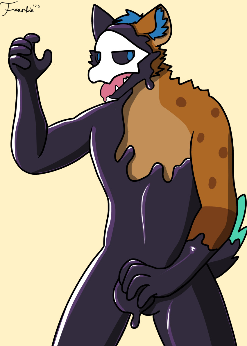 2023 absurd_res anthro bulge bulge_grab changed_(video_game) fwankie fwankie_(character) goo_transformation hair hi_res hyena living_latex looking_at_viewer male mammal mask mid_transformation open_mouth solo spotted_hyena teeth transformation