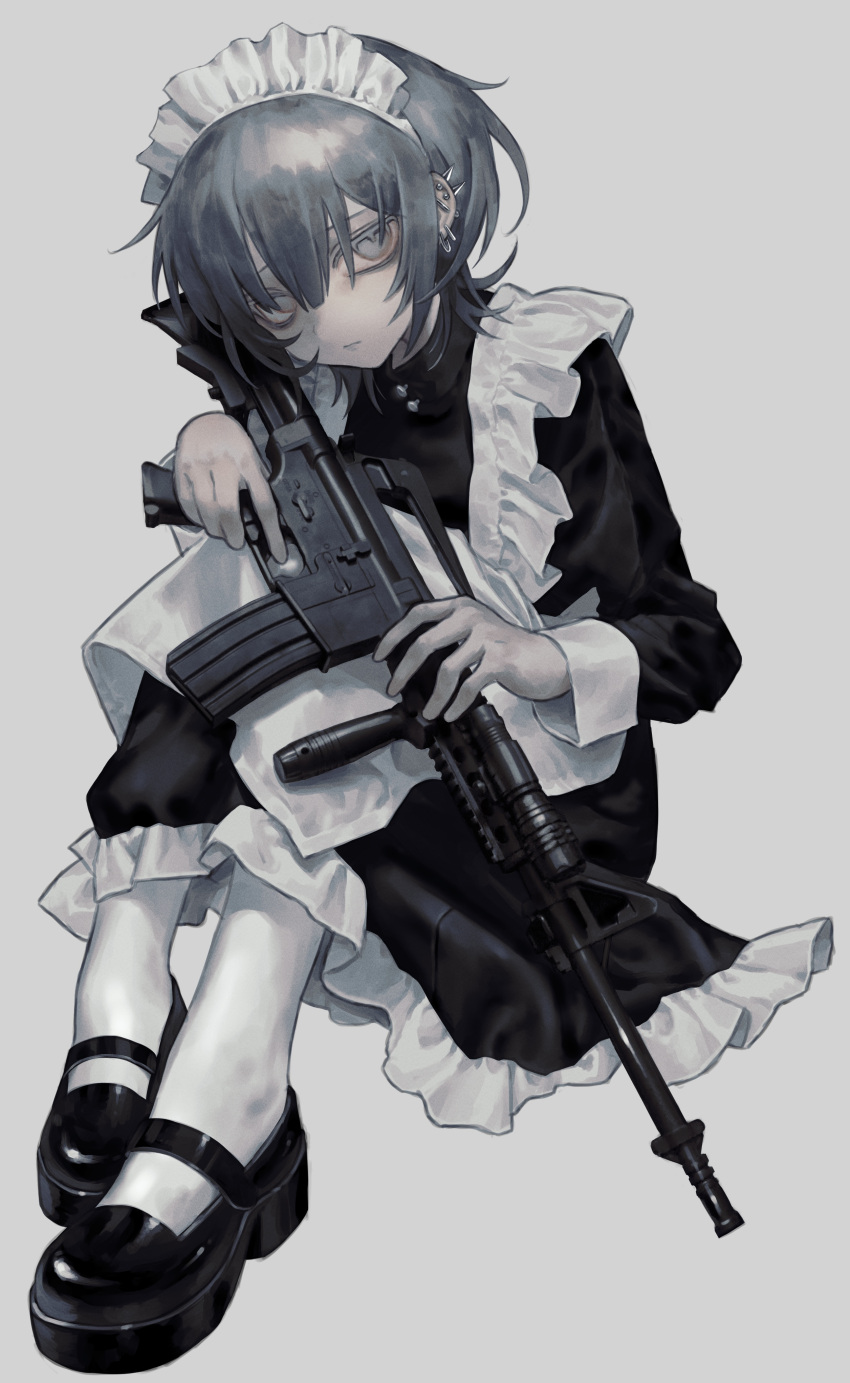 1girl absurdres apron assault_rifle black_dress black_footwear closed_mouth commentary dress ear_piercing expressionless frilled_apron frills grey_background grey_eyes grey_hair gun hair_between_eyes highres holding holding_gun holding_weapon knees_to_chest leaning_forward legs_together long_bangs long_sleeves looking_at_viewer m16 m16a4 maid maid_headdress nia_(x_x02) no_pupils original pantyhose piercing raised_eyebrows rifle sandals short_hair sidelocks simple_background sitting solo weapon white_apron white_pantyhose