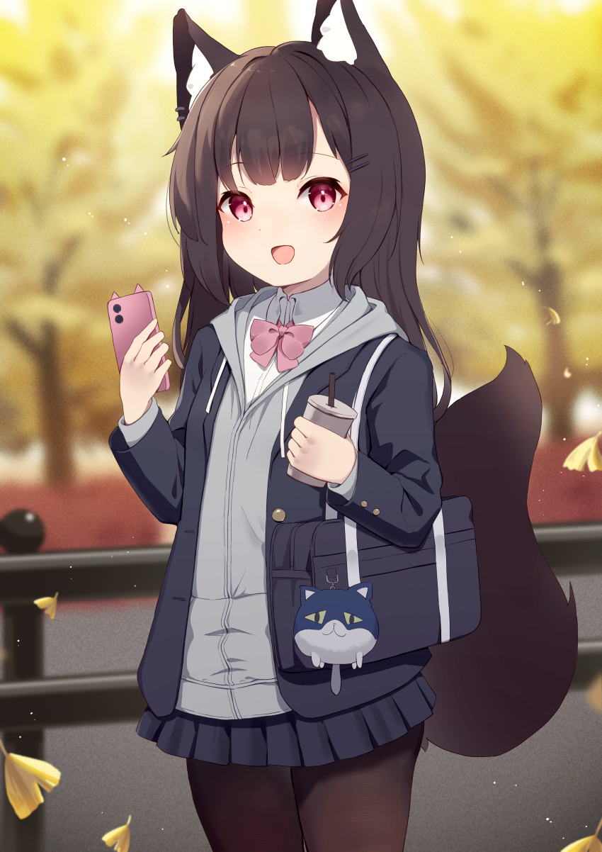 1girl :d absurdres animal_ears autumn autumn_leaves black_skirt bow bowtie brown_hair cellphone collared_shirt cup fox_ears highres hinata_(user_rjkt4745) holding holding_cup holding_phone hood hoodie leaf long_hair looking_at_viewer open_mouth original outdoors phone pink_bow pink_bowtie pink_eyes pleated_skirt school_uniform shirt skirt smile solo tail white_shirt