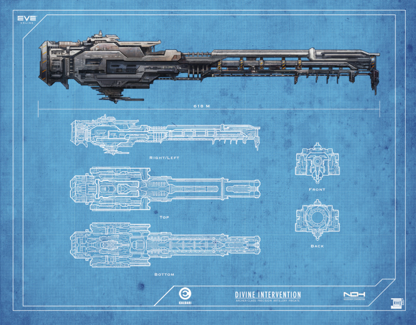 battlecruiser_(eve_online) blue_background blue_theme blueprint_(medium) caldari_state_(eve_online) cjuzzz commentary concept_art copyright_name emblem eve_online from_side logo military_vehicle multiple_views original reference_sheet science_fiction spacecraft thrusters vehicle_focus