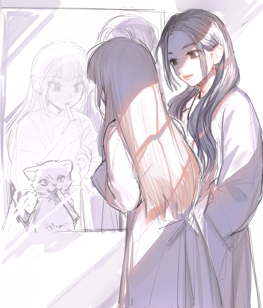 2girls animification brown_eyes brushing_teeth cat confused grey_robe hair_behind_ear hanni_(newjeans) highres holding holding_toothbrush k-pop long_hair long_sleeves looking_down meyou084 minji_(newjeans) mirror multiple_girls newjeans parted_hair real_life reflection robe sketch smile toothbrush