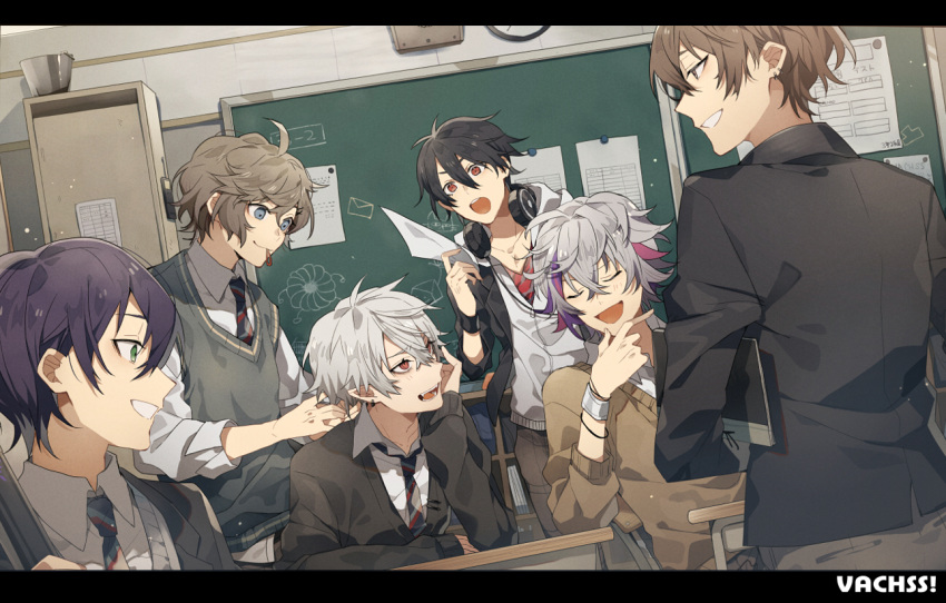 6+boys ahoge black_border black_hair black_jacket black_sweater blazer blue_eyes border brown_hair brown_sweater bucket chair classroom closed_eyes collared_shirt desk ear_piercing fuwa_minato green_eyes green_sweater_vest grey_hair grey_sweater hair_between_eyes hair_tie_in_mouth headphones headphones_around_neck indoors jacket kagami_hayato kanae_(nijisanji) kenmochi_touya kiragera kuzuha_(nijisanji) long_sleeves male_focus mouth_hold multicolored_hair multiple_boys necktie nijisanji piercing plaid_necktie purple_hair red_eyes school_chair school_desk school_uniform shirt sitting streaked_hair sweater sweater_vest virtual_youtuber white_hair white_jacket white_shirt yumeoi_kakeru