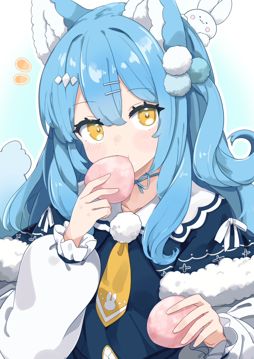 +_+ 1girl animal_ears animal_print blue_hair brown_eyes capelet commentary_request eating food food_in_mouth fur-trimmed_capelet fur_trim hair_ornament hairclip highres holding holding_food indie_virtual_youtuber long_hair long_sleeves neck_ribbon necktie one_side_up pom_pom_(clothes) pom_pom_hair_ornament rabbit_hair_ornament rabbit_print ribbon solo totomono upper_body virtual_youtuber wolf_ears wolf_girl yukimochi_nonome