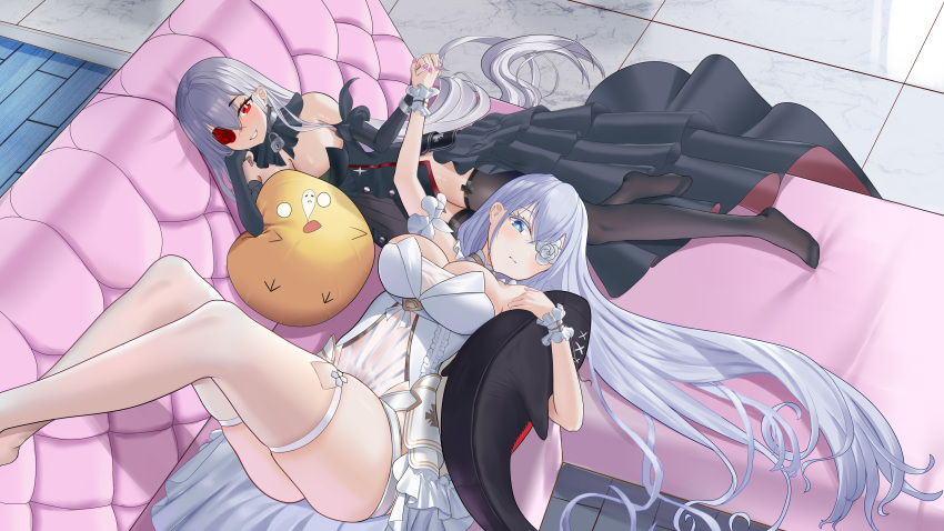 2girls azur_lane black_dress black_thighhighs blue_eyes blue_gemstone breasts cleavage contrast couch detached_sleeves dress dual_persona emden_(azur_lane) feet_out_of_frame flower flower_over_eye from_above full_body gem grey_hair highres holding holding_stuffed_toy large_breasts lock long_hair lying manjuu_(azur_lane) multiple_girls on_back on_couch padlock padlocked_collar red_eyes red_flower red_gemstone red_rose rose stuffed_toy thighhighs very_long_hair white_dress white_flower white_rose wrist_cuffs yuyuko_(8322)