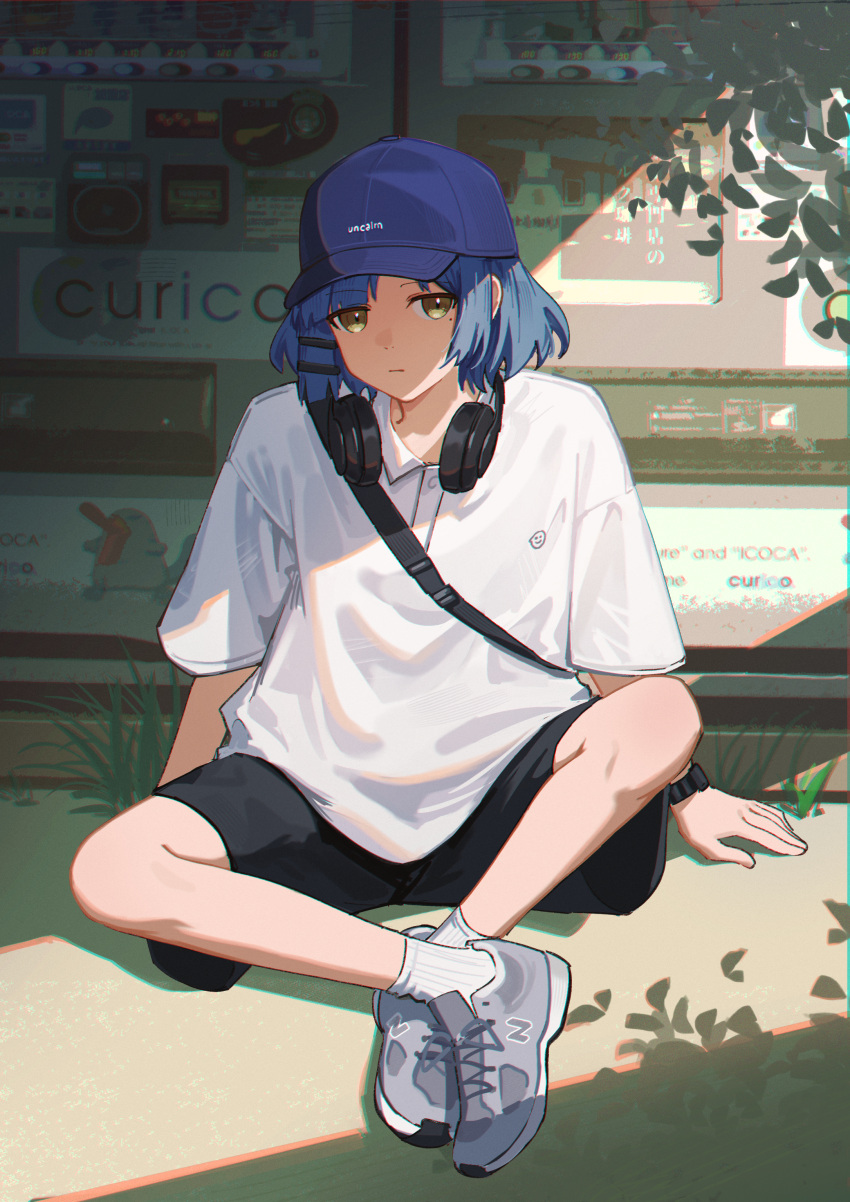 1girl absurdres alternate_costume arms_at_sides black_shorts blue_hair blue_headwear bocchi_the_rock! casual closed_mouth commentary day english_commentary expressionless full_body grey_footwear hair_ornament hairclip hat headphones headphones_around_neck highres indian_style jl_tan looking_at_viewer mole mole_under_eye outdoors peaked_cap shirt shoes short_hair shorts sidelighting sitting sneakers solo watch white_shirt wristwatch yamada_ryo yellow_eyes