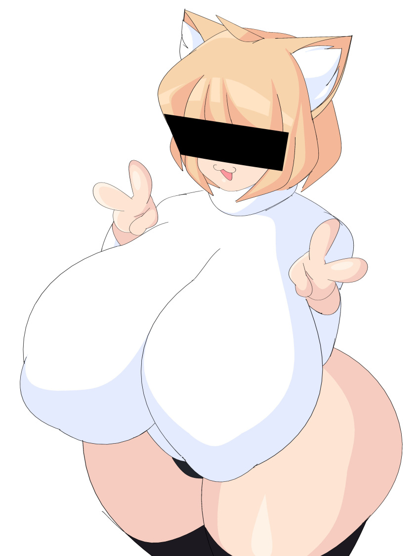 absurd_res animal_humanoid big_breasts blonde_hair breasts cat_humanoid censor_bar censored clothing cytrusawa double_v_sign felid felid_humanoid feline feline_humanoid female gesture hair hi_res huge_breasts huge_hips huge_thighs humanoid ineffective_censorship inner_ear_fluff mammal mammal_humanoid neco-arc nipple_outline open_mouth shirt solo thick_thighs topwear tsukihime tuft type-moon v_sign white_body white_skin wide_hips