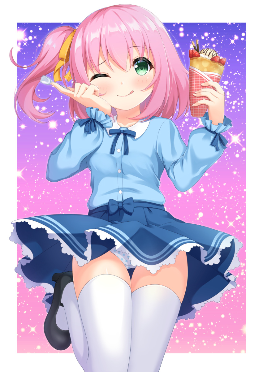1girl 7fuji_06 blush bow collared_shirt crepe food fruit green_eyes hair_ribbon hands_up high_heels highres holding holding_food holding_spoon long_sleeves neck_ribbon one_eye_closed one_side_up original panties pantyshot pink_hair pocky polka_dot polka_dot_panties ribbon shirt shirt_tucked_in skirt smile solo spoon standing standing_on_one_leg star_(sky) strawberry thigh_gap thighhighs tongue tongue_out underwear