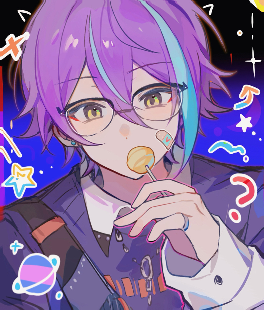 1boy ? aqua_hair bandaid bandaid_on_face bangs bespectacled black-framed_eyewear black_background blue_background blue_sweater buttons candy commentary covered_mouth earrings food glasses gradient_background hair_behind_eyewear hair_between_eyes highres hisakawa_sora holding holding_candy holding_food holding_lollipop jewelry kamishiro_rui lollipop long_bangs long_sleeves looking_at_viewer male_focus multicolored_background multicolored_hair over-rim_eyewear planet portrait project_sekai purple_hair semi-rimless_eyewear shirt short_hair solo sparkle star_(symbol) strap streaked_hair stud_earrings sweater two-tone_hair upper_body white_shirt yellow_eyes