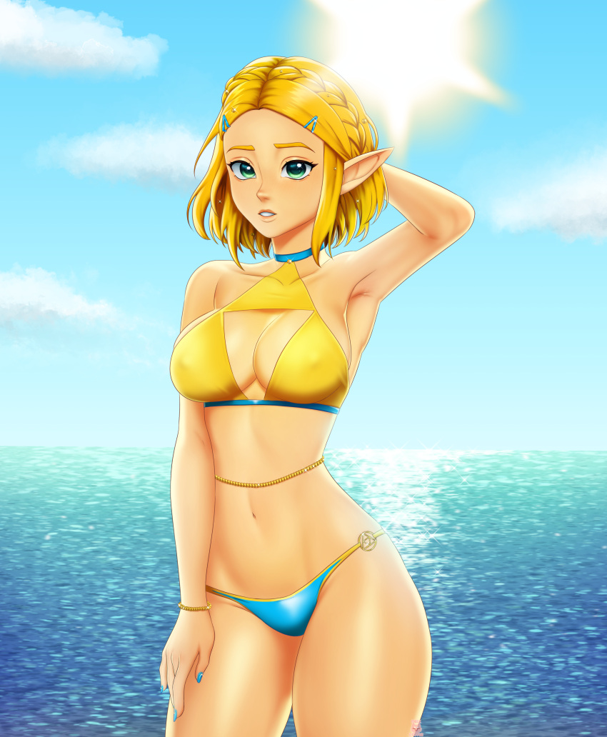 1girl absurdres arm_up armpits arms_behind_head beach belly bikini blonde_hair blue_eyes blue_nails blush braid breasts cleavage cloud gold_(metal) gold_jewelry green_eyes hair_ornament hairclip highres humanoid hylian hylian_ears looking_at_viewer melkcoffee nail_polish navel nintendo nipple_outline ocean open_mouth pale_breasts princess_zelda short_hair sideboob sidelocks stomach swimsuit tan tan_skin tanlines tears_of_the_kingdom the_legend_of_zelda the_legend_of_zelda:_tears_of_the_kingdom thighs triforce water zelda_(tears_of_the_kingdom)