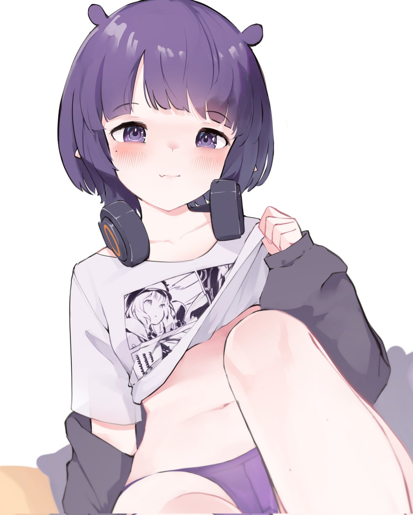 1girl bed blue_eyes blunt_bangs blush bob_cut breasts clothes_lift commentary grey_hood grey_jacket headphones headphones_around_neck highres hololive hololive_english hood hooded_jacket hoodie jacket knee_up legs lifted_by_self looking_at_viewer mole mole_under_eye namiorii navel ninomae_ina'nis ninomae_ina'nis_(5th_costume) official_alternate_costume official_alternate_hair_length official_alternate_hairstyle on_bed open_hood panties pillow pointy_ears print_shirt purple_hair purple_hood purple_hoodie purple_panties rabbit_ears_antenna shirt shirt_lift short_hair short_sleeves sitting small_breasts smile solo symbol-only_commentary t-shirt takodachi_(ninomae_ina'nis) tentacle_hair thighs underwear virtual_youtuber white_shirt