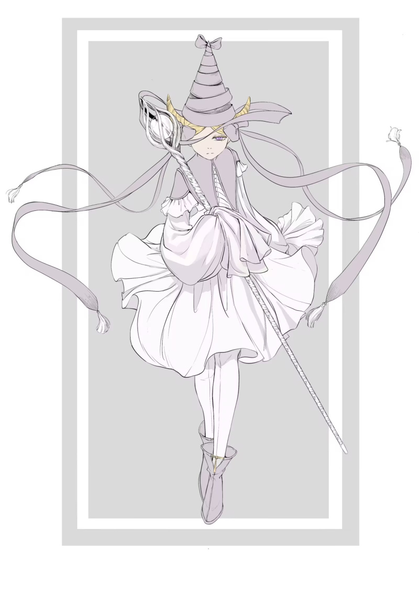 1girl ankle_boots blonde_hair boots bow double_bun dress fake_horns frilled_sleeves frills frown full_body grey_bow grey_ribbon hair_bow hair_bun hair_ribbon hat hat_bow highres holding holding_staff horns ininia_(tongari_boushi_no_atelier) long_sleeves looking_at_viewer one_eye_covered orb pantyhose pointy_hair puffy_long_sleeves puffy_sleeves purple_eyes ribbon sleeves_past_fingers sleeves_past_wrists solo staff tassel tongari_boushi_no_atelier white_dress wizard_hat yooooo53871