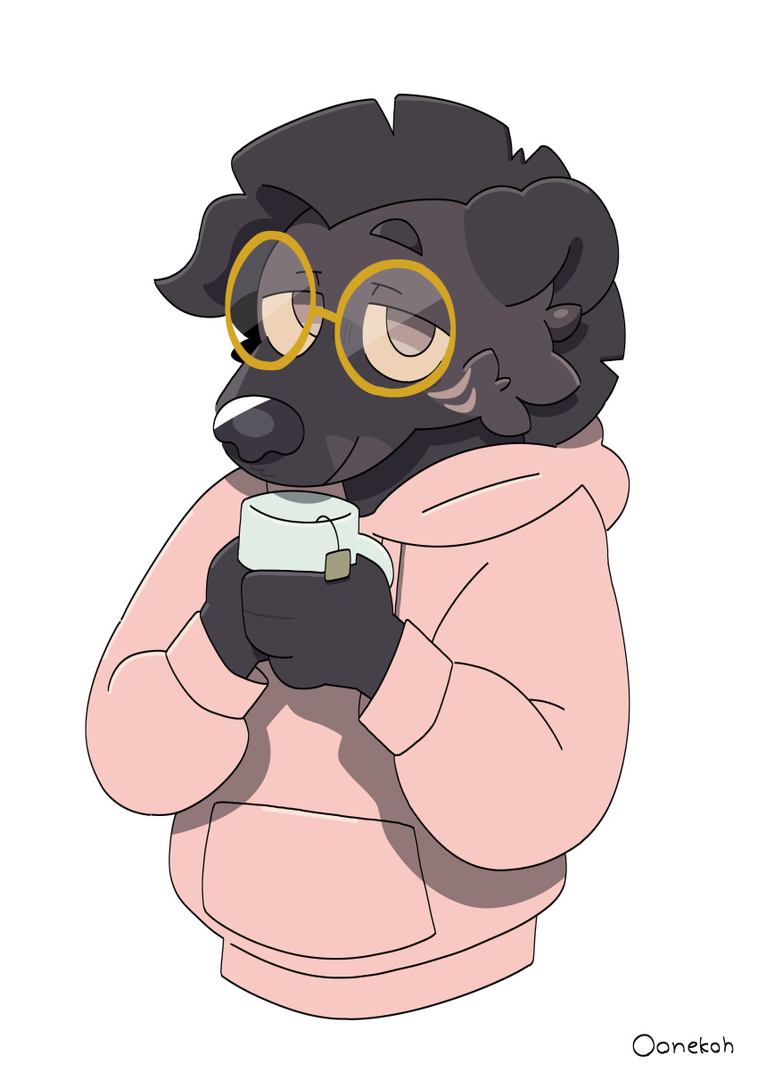 abilify_(character) absurd_res anthro beverage clothing coffee container cup eyebrows eyewear facial_markings fluffy fluffy_hair glasses hair head_markings hi_res holding_container holding_cup holding_object hoodie hyena looking_at_viewer male mammal markings oonekoh simple_background smile smiling_at_viewer solo spotted_hyena thick_eyebrows tired_eyes topwear waist_up