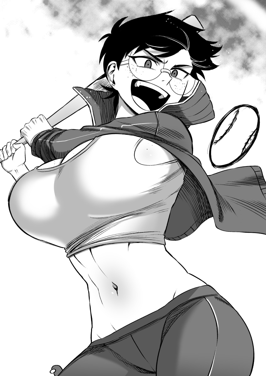 1girl absurdres baseball baseball_bat black_hair breasts freckles glasses highres jane_(nesz) large_breasts looking_at_object midriff nesz_r short_hair smile solo swinging