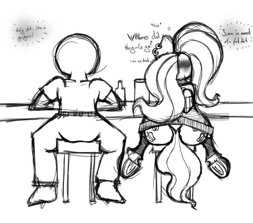 alcohol beverage big_butt black_and_white blush bottomless bubble butt clothed clothing container cutie_mark dock drunk drunk_bubble duo ear_piercing english_text equid equine feathered_wings feathers female feral fishnet fishnet_legwear fluttershy_(mlp) friendship_is_magic fur hair hasbro hi_res horse huge_butt human johrnyreport legwear male male/female mammal monochrome my_little_pony pegasus piercing pony profanity simple_background sketch substance_intoxication text thick_thighs vulgar white_background wings