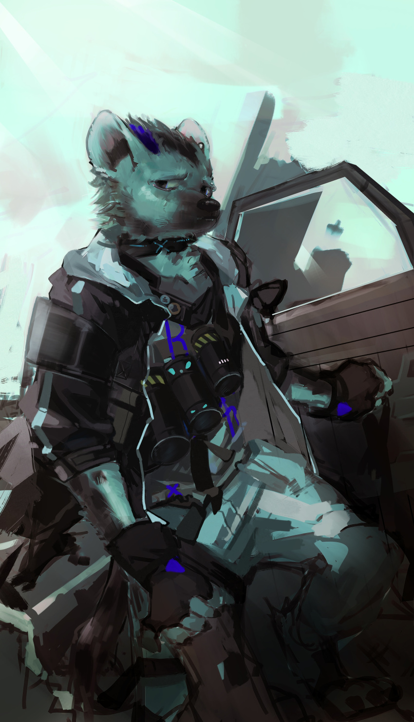 absurd_res anthro arknights bandolier black_hair blue_hair bottomwear clothed clothing collar ear_piercing eyebrow_piercing facial_piercing fingerless_gloves fur gloves hair handwear hi_res holding_object holding_shield hyena hypergryph jacket looking_away male mammal open_clothing pants piercing riot_shield shield shirt solo spot_(arknights) spotted_hyena studio_montagne topwear zhangmoumou66785