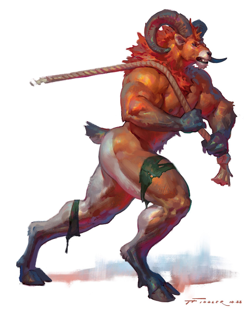 2023 abs anthro barazoku biceps big_butt biped bovid butt caprine clenched_teeth clothing digital_media_(artwork) fur hi_res horn male mammal muscular muscular_anthro muscular_male muscular_thighs nipples nude pecs quads rope simple_background solo standing tail taran_fiddler teeth thick_thighs torn_clothing vein veiny_muscles were werecaprine white_background