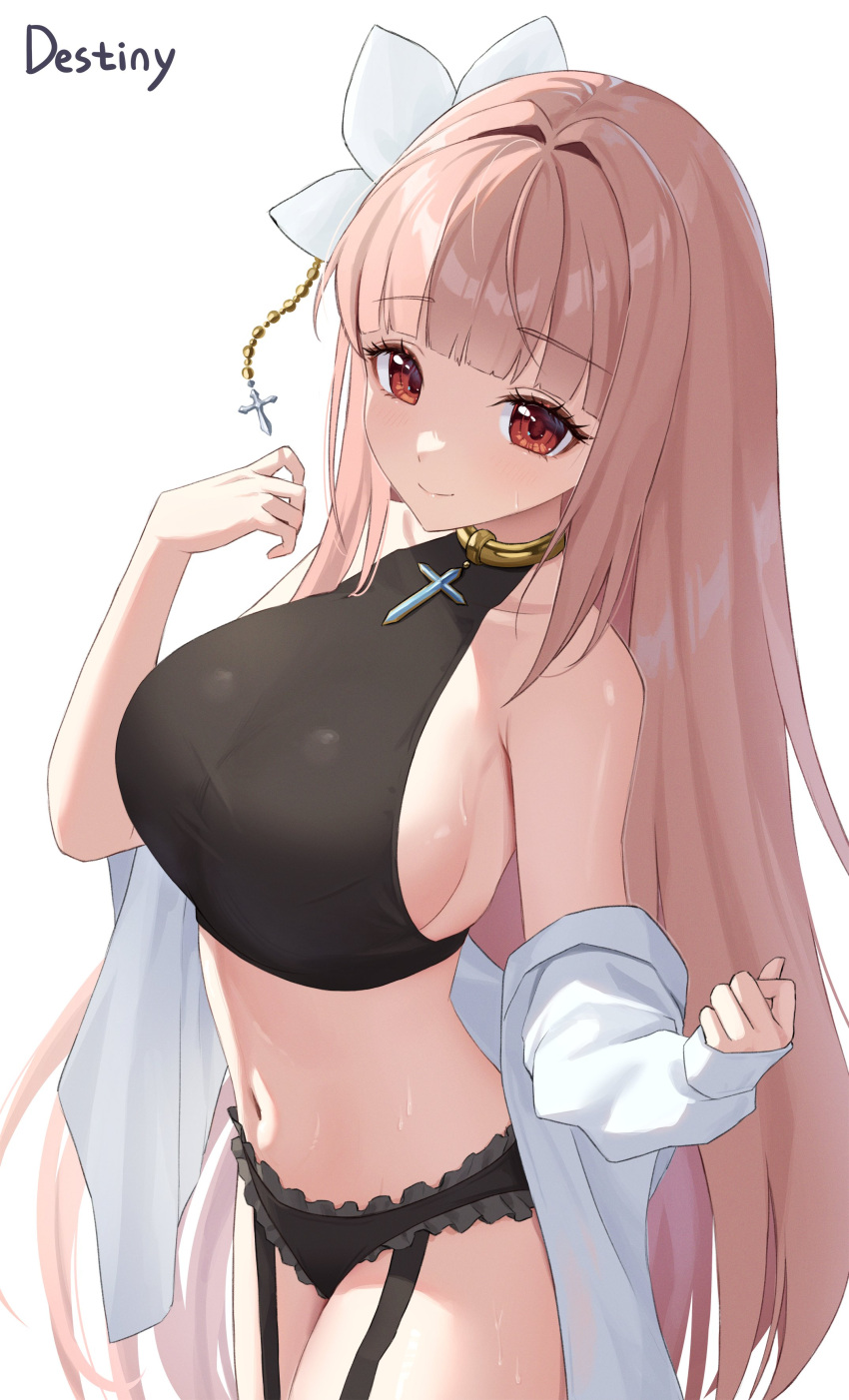 1girl absurdres bare_shoulders black_panties blunt_bangs breasts closed_mouth collarbone commission copyright_request cowboy_shot crop_top cross frilled_panties frills garter_straps hair_ornament hand_up highres large_breasts light_brown_hair long_hair looking_at_viewer navel panties red_eyes rinrasetsu sideboob simple_background sleeveless smile solo stomach underwear white_background