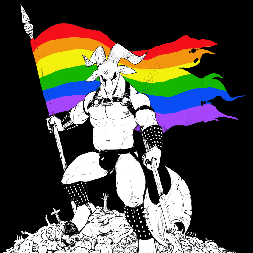 2023 absurd_res anklet anthro artbyyellowdog axe biceps black_background bone bovid bracelet bulge caprine caprine_demon clothed clothing cross demon flag fur harness hi_res holding_flag holding_object holding_weapon hooves horn jewelry jockstrap legband lgbt_history_month lgbt_pride looking_at_viewer male mammal melee_weapon muscular muscular_anthro muscular_male navel nipple_piercing nipple_ring nipples pecs pentagram piercing pile pride_color_flag pride_colors rainbow_flag rainbow_pride_colors rainbow_pride_flag rainbow_symbol ring_piercing simple_background skull solo spiked_anklet spiked_bracelet spiked_legband spikes standing topless topless_anthro topless_male tuft underwear weapon