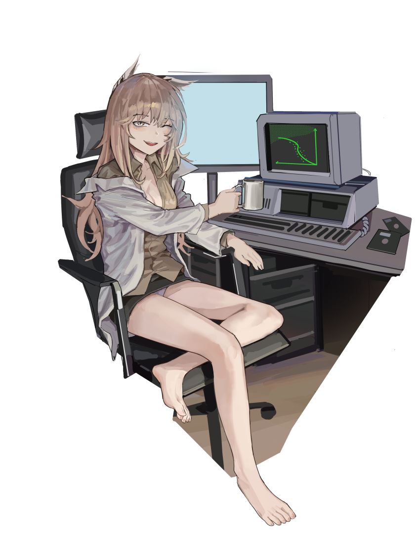 1girl absurdres animal_ears artist_request bags_under_eyes bare_legs barefoot black_skirt blush breasts brown_shirt cat_ears chair check_artist chinese_commentary cleavage coffee_mug commentary_request computer crossed_legs cup desk feet floppy_disk full_body girls'_frontline hair_between_eyes highres holding holding_cup ji_shiguo_(b.d.) keyboard_(computer) lab_coat large_breasts long_hair long_sleeves looking_at_viewer messy_hair mixed-language_commentary monitor mug off_shoulder office_chair one_eye_closed open_mouth panties pantyshot persica_(girls'_frontline) pink_hair red_eyes shirt sitting skirt smile solo swivel_chair teeth toes underwear upper_teeth_only white_background white_panties