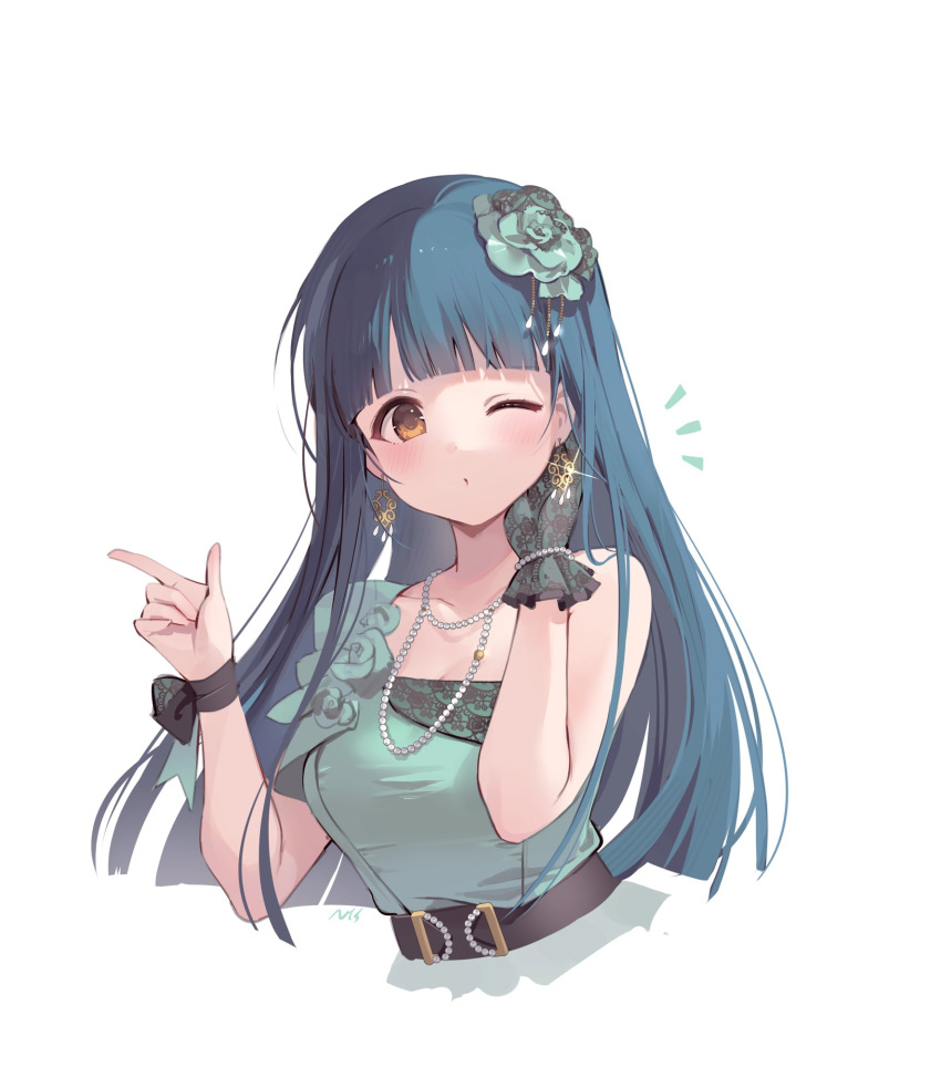 ;o asymmetrical_clothes belt_buckle blunt_bangs blunt_ends blush breasts buckle collarbone cropped_torso dress earrings finger_gun flower glint gloves green_dress green_hair hair_flower hair_ornament highres idolmaster idolmaster_million_live! idolmaster_million_live!_theater_days jewelry kitakami_reika long_hair looking_at_viewer medium_breasts necklace notice_lines nys one_eye_closed pearl_necklace simple_background single_bare_shoulder single_glove upper_body very_long_hair white_background