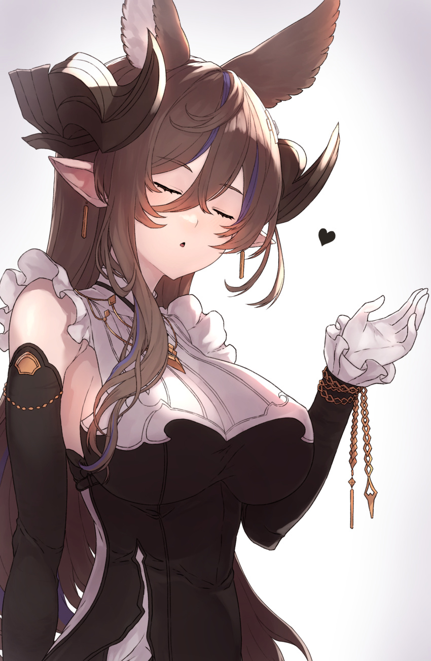 absurdres animal_ears bare_shoulders black_dress black_sleeves breasts brown_hair closed_eyes commentary_request detached_sleeves dress extra_ears frilled_sleeves frills galleon_(granblue_fantasy) granblue_fantasy hair_between_eyes highres horns impossible_clothes impossible_dress large_breasts long_hair multicolored_hair open_mouth pointy_ears sidelocks streaked_hair yu_mochi_(kamiinu)