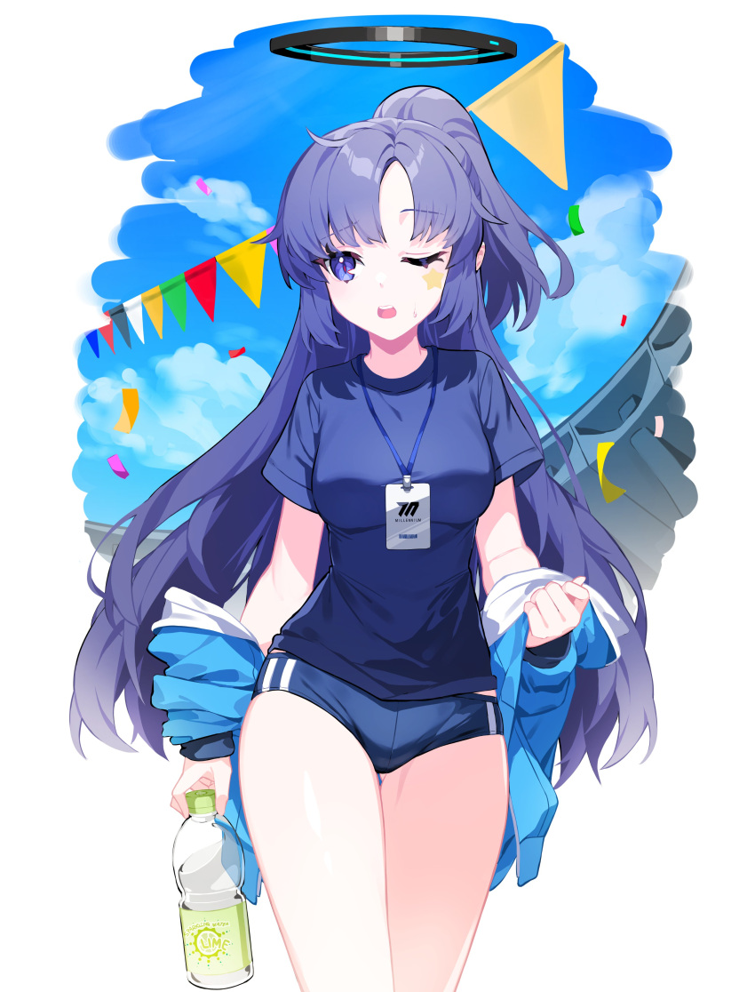 1girl absurdres blue_archive blue_buruma blue_jacket blue_shirt bottle breasts buruma commentary confetti cowboy_shot gym_shirt gym_uniform halo highres holding holding_bottle honi_(honi1010) id_card jacket jacket_partially_removed lanyard long_hair medium_breasts off_shoulder official_alternate_costume one_eye_closed open_clothes open_jacket open_mouth ponytail purple_eyes purple_hair shirt short_sleeves solo star_sticker sticker_on_face string_of_flags sweatdrop teeth track_jacket upper_teeth_only water_bottle yuuka_(blue_archive) yuuka_(track)_(blue_archive)