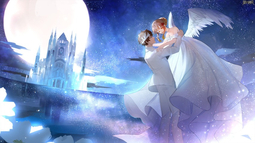 1boy 1girl ame_tyaya angel_wings bare_shoulders brown_eyes brown_hair castle check_commentary commentary_request dairoku_ryouhei dress eye_contact feathered_wings flower hair_flower hair_ornament headband hetero highres kurihanaochi_mio lifting_person looking_at_another medium_hair moon night night_sky pants reflection sky star_(sky) starry_sky white_dress white_pants white_wings wings