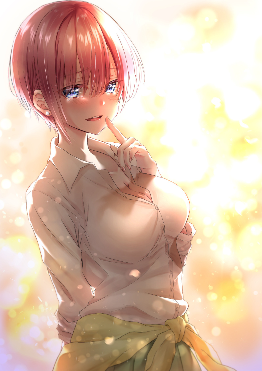 1girl absurdres aki_kakao arm_behind_back blue_eyes breasts cleavage clothes_around_waist collarbone crying crying_with_eyes_open earrings finger_to_mouth go-toubun_no_hanayome green_skirt highres jewelry long_sleeves looking_at_viewer medium_breasts nakano_ichika open_mouth pink_hair shirt short_hair skirt solo sweater sweater_around_waist tears white_shirt