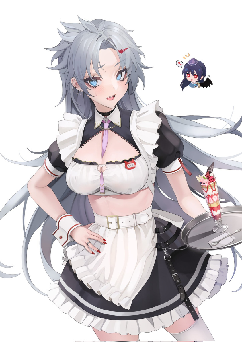 2girls alternate_costume belt bird_wings blue_eyes blue_hair blush breasts cleavage contrapposto cowboy_shot dark_blue_hair ear_piercing enmaided eyelashes frills grey_hair hair_ornament hand_on_own_hip heart heart_hair_ornament highres himemushi_momoyo holding holding_tray iizunamaru_megumu long_hair maid medium_breasts midriff motion_lines multiple_girls nail_polish oshimai parfait piercing puffy_short_sleeves puffy_sleeves red_nails sharp_teeth short_sleeves solo_focus spoken_heart teeth thighhighs touhou tray upper_teeth_only very_long_hair white_thighhighs wings