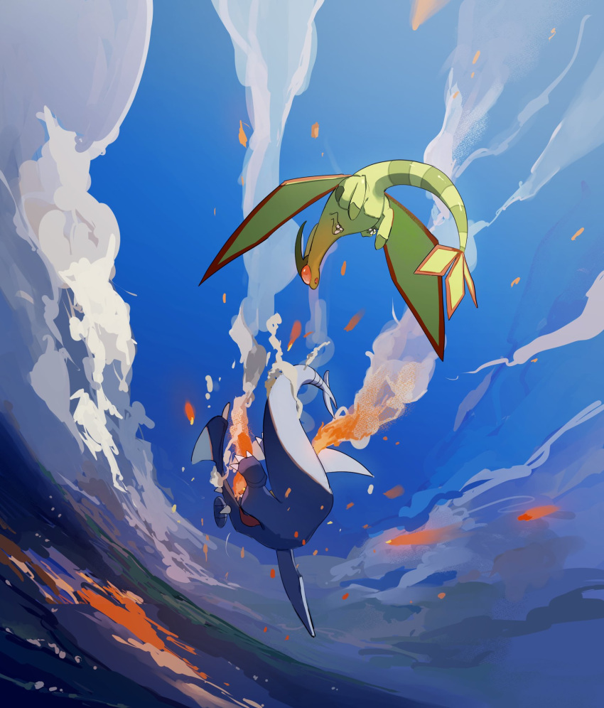 claws cloud day fire flygon flying garchomp highres no_humans outdoors pokemon pokemon_(creature) sky smoke two_pokemon