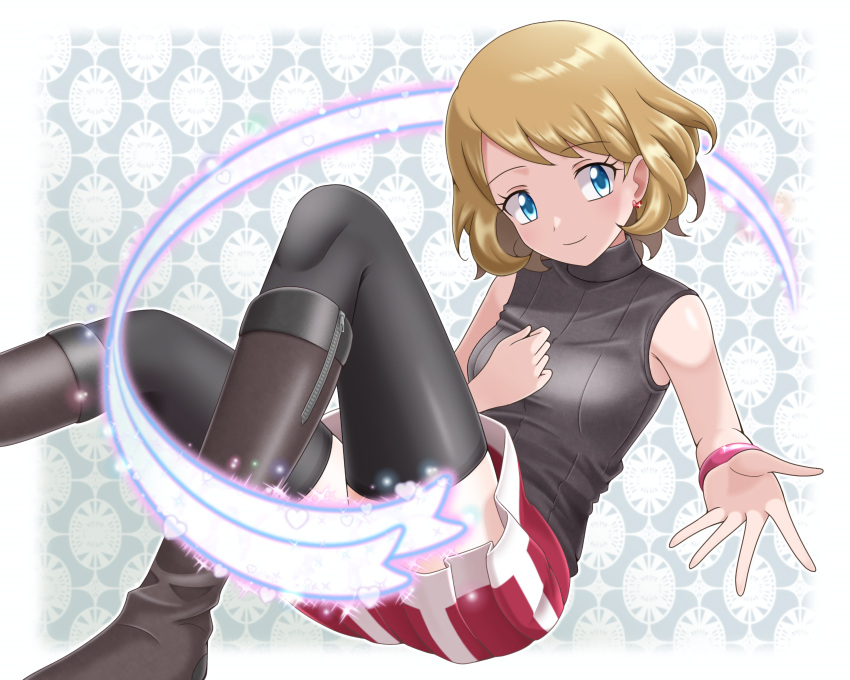 1girl absurdres blonde_hair blue_eyes boots bracelet breasts brown_footwear closed_mouth commentary_request earrings eyelashes hand_up heart highres jewelry knees looking_to_the_side outstretched_hand pleated_skirt pokemon pokemon_(anime) pokemon_journeys serena_(pokemon) skirt smile solo sweater_vest thighhighs zeki231 zipper zipper_pull_tab