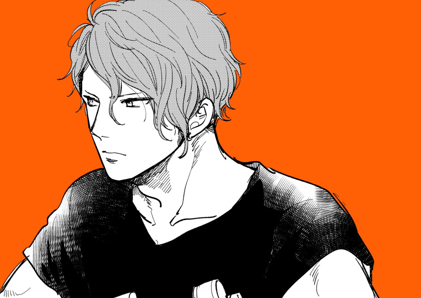 1boy barbell black_shirt closed_mouth collarbone commentary greyscale_with_colored_background hair_between_eyes halftone hatta_ayuko highres ima_koi_wo_shiteimasu. looking_to_the_side male_focus nose orange_background shirt short_hair short_sleeves simple_background sketch t-shirt tsurime upper_body v-neck yagyuu_kazuma