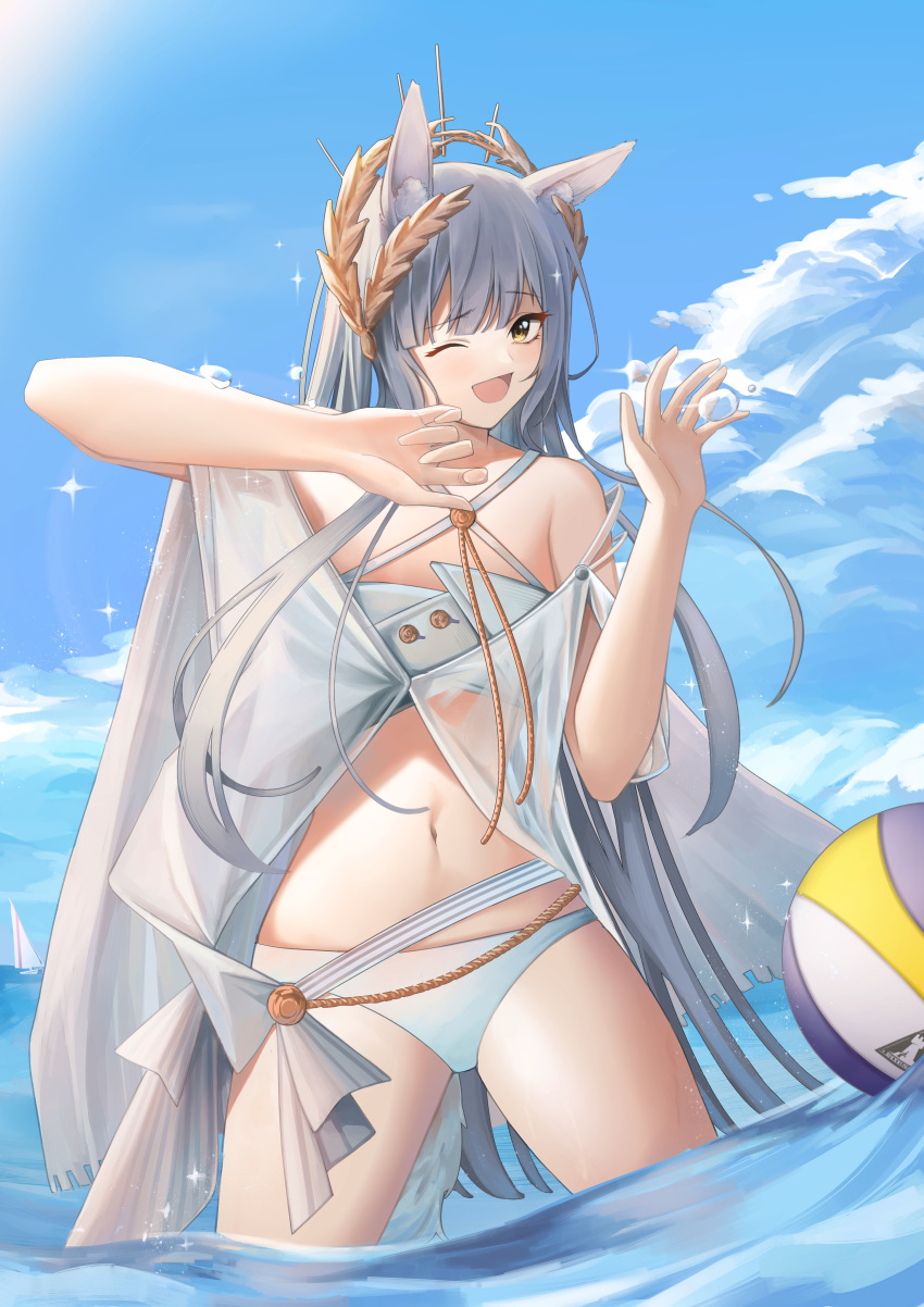 1girl ;d absurdres alter_sang animal_ears arknights ball beachball bikini blue_sky cloud cloudy_sky cowboy_shot criss-cross_halter halterneck hands_up highres horse_ears horse_girl horse_tail laurel_crown long_hair navel official_alternate_costume one_eye_closed open_mouth outdoors platinum_(arknights) platinum_(shimmering_dew)_(arknights) sky smile solo sparkle swimsuit tail very_long_hair wading water white_bikini white_hair yellow_eyes