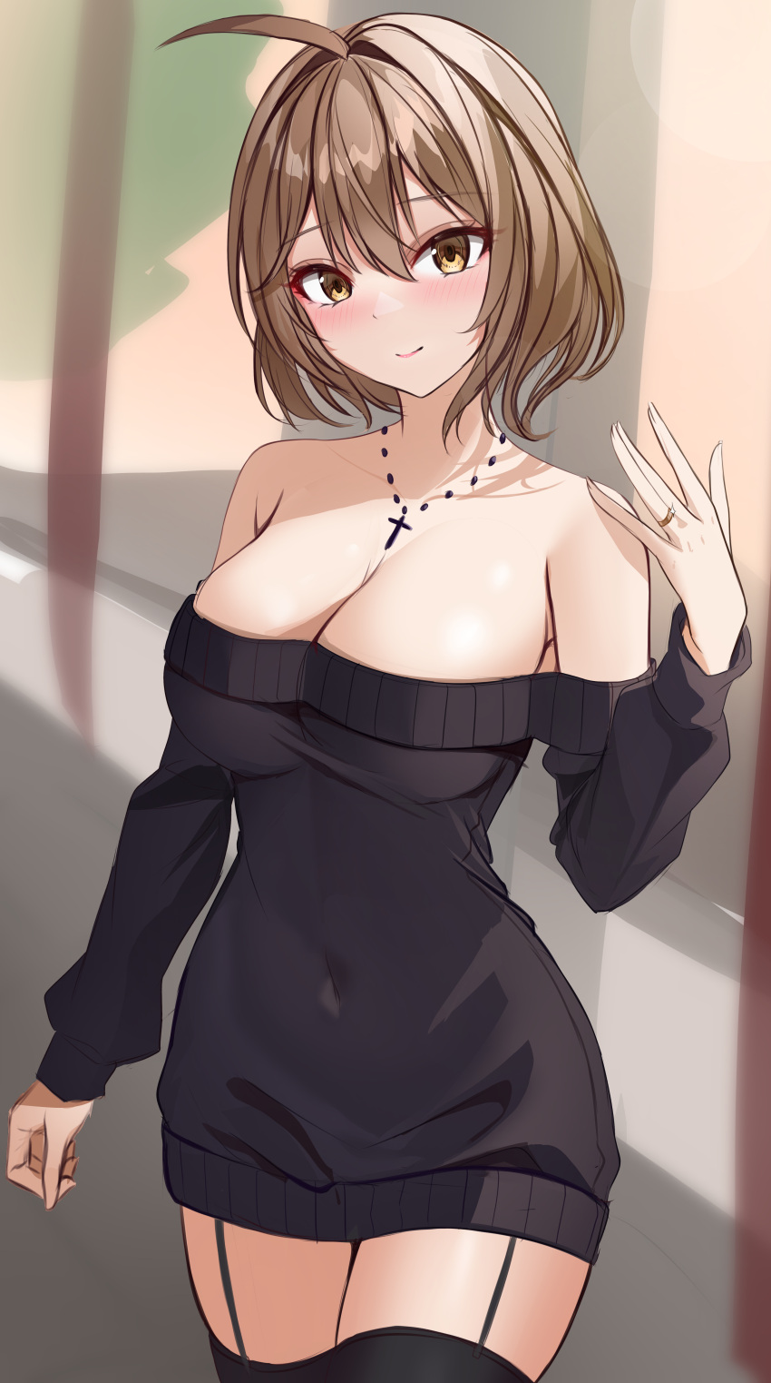 1girl absurdres ahoge anis_(nikke) bare_shoulders black_sweater black_thighhighs blush breasts brown_eyes cleavage closed_mouth collarbone costone covered_navel cross cross_necklace goddess_of_victory:_nikke highres jewelry large_breasts legwear_garter light_brown_hair necklace off-shoulder_sweater off_shoulder short_hair smile solo sweater thighhighs